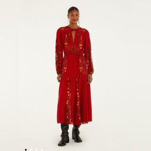 FARM RIO Elegant Red Floral Embroidered Dress